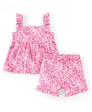 Babyhug 100% Cotton Sleeveless Top & Short Set Leafy Print - Pink