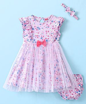 Babyhug 100% Cotton Knit Frill Sleeves Floral Printed Frock with Bloomer & Headband - Lilac