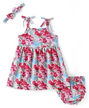 Babyhug 100% Cotton Knitted Sleeveless Floral Printed Frock With Bloomer & Headband - Multicolour
