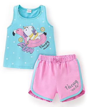 Babyhug 100% Cotton Sleeveless Top and Shorts Set Vacay Print - Blue & Pink