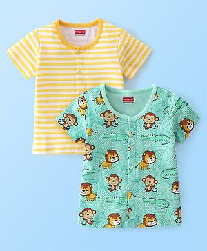 Babyhug 100% Cotton Knit Half Sleeves Front Open Jhablas Stripes & Lion Print Pack of 2 - Yellow & Green