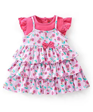 Babyhug 100% Cotton Knitted Half Sleeves Frock With Inner Tee With Floral Print & Bow Applique - Pink