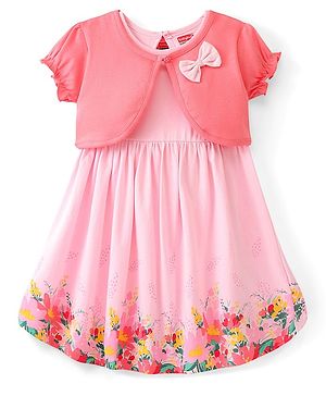 Babyhug 100% Cotton Knitted Frock With Half Sleeves Shrug & Bow Floral Print - Pink