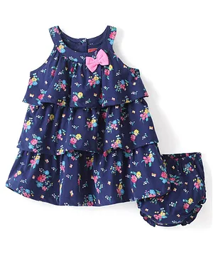 Babyhug 100% Cotton Knit Sleeveless Frock With Bloomer & Floral Print - Navy Blue