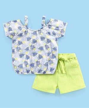 Babyhug 100% Cotton Knit Half Sleeves Singlet Top & Shorts Set with Fabric Belt Butterfly Print - White Blue & Green