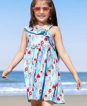 Babyhug 100% Cotton Knit One Shoulder Sleeve Frock With Ice Cream Print - Blue