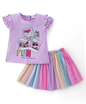 Babyhug 100% Cotton Knit Half Sleeves Top and Denim Skirt Kitty Print - Lilac & Pink