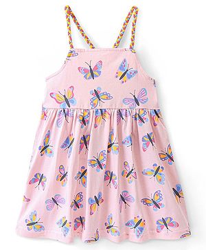 Babyhug 100% Cotton Knit Singlet Sleeves Butterfly Print Frock - Pink