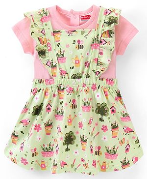Babyhug 100% Cotton Knitted Floral Printed Frock with Half Sleeves Inner Tee - Green