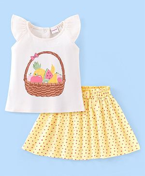 Babyhug 100% Cotton Knit Cap Sleeves Top & Skirt Set with Bow Applique Fruit Basket Print - White & Yellow