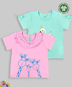 Kidbea Bamboo Pack Of 2 Half Sleeves Princess & Giraffe Printed Tops - Blue Pink