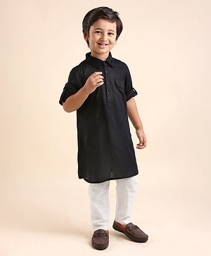 Babyhug 100% Cotton Full Sleeves Pathani Kurta & Pyjama Set Solid- Black & White
