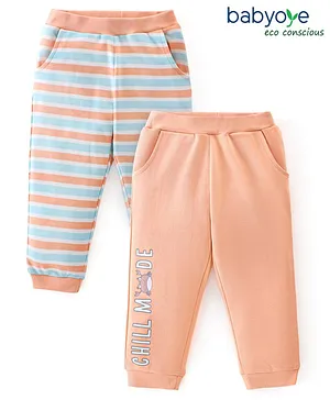 Babyoye Eco Conscious 100% Cotton Eco Jiva Striped & Dino Print Full Length Lounge Pants Pack of 2 - Orange