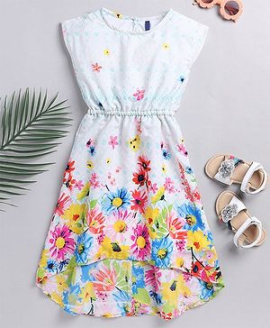 Little Marine Sleeveless Floral Printed High Low Pattern Dress - White