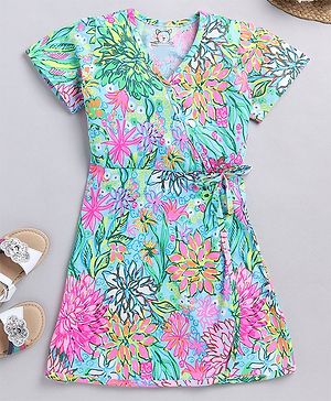 Little Marine Short Sleeves Floral Printed Dress - Green