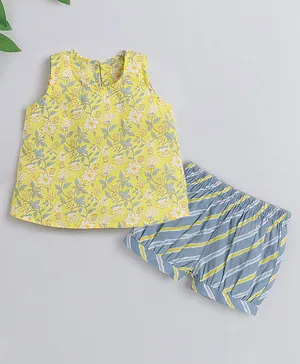 IndiUrbane Sleeveless All Over Floral Hand Block Printed Top With Striped Patterned Shorts - Yellow