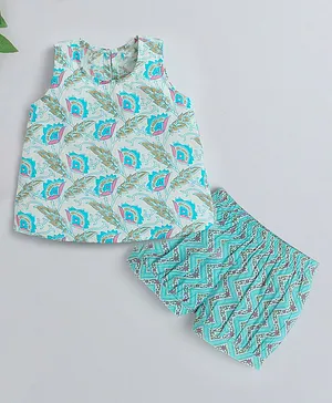 IndiUrbane Sleeveless Floral Swirl Hand Block Printed Top With Floral Chevron Designed Shorts - Blue
