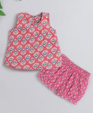 IndiUrbane Sleeveless Flower Motif Hand Block Printed Top With Coordinating Shorts - Pink