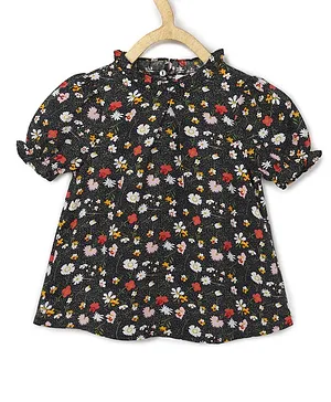 Chuppan Chupai Puffed Half Sleeves Seamless Botanical Flowers Printed Flared Top - Black