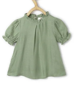 Chuppan Chupai Puffed Half Sleeves Ruffled Neckline Detailed Solid Flared Top - Green
