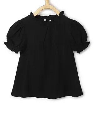 Chuppan Chupai Puffed Half Sleeves Ruffled Neckline Detailed Solid Flared Top - Black