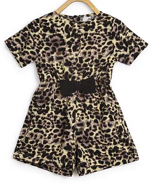 Chuppan Chupai Half Sleeves Seamless Cheetah Printed & Bow Embellished Jumpsuit - Beige