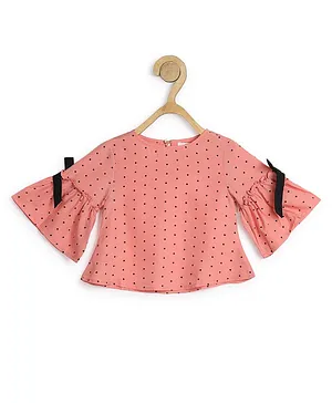 Chuppan Chupai Three Fourth Bell Sleeves Seamless Abstract Polka Dot Printed & Contrast Bow Embellished Top - Pink
