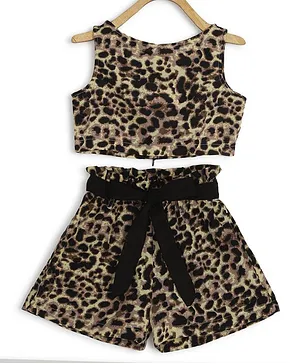 Chuppan Chupai Sleeveless All Over Cheetah Printed Top With Coordinating Shorts - Beige