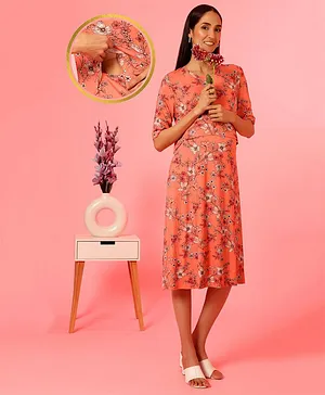 Zelena Half Sleeves Floral Printed Zipless Maternity Feeding Dress With 2 Side Pockets - Orange