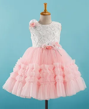 Bluebell Net Sleeveless Party Wear Frock with Floral Applique & Sequin Detailing - Peach