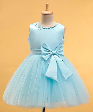 Bluebell Sleeveless Party Frock With Pearl Detailing & Bow Applique - Blue