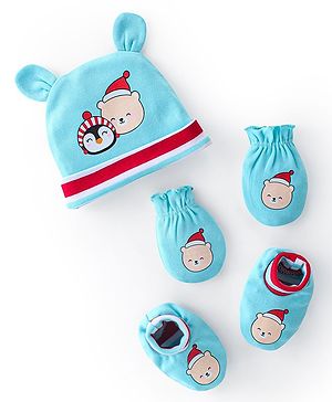 Babyhug 100% Cotton Knit Cap Mittens & Booties Teddy Print - Blue