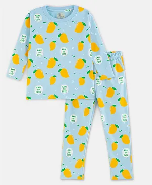 Cuddles for Cubs 100% Super Soft Cotton Full Sleeves Aam So Cute Mango Printed Night Suit - Mint Blue