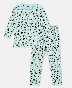 Cuddles for Cubs 100% Super Soft Cotton Full Sleeves Leopard Printed Night Suit - Mint Blue