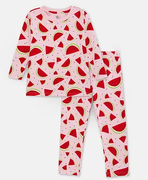 Cuddles for Cubs 100% Super Soft Cotton Full Sleeves Watermelon Printed Night Suit - Pink