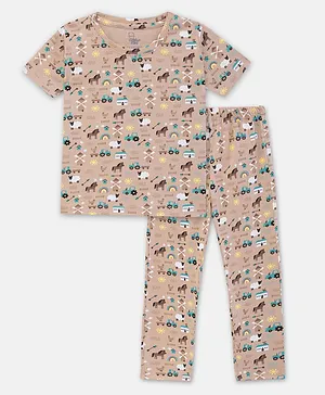 Cuddles for Cubs 100% Super Soft Cotton Farm Theme Printed Night Wear - Brown