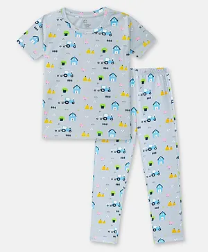 Cuddles for Cubs 100% Super Soft Cotton Farm Theme Half Sleeves Explore the Farm Printed Pyjama Set - Grey