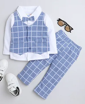 BUMZEE Full Sleeves Solid Shirt With Graph Checked Waistcoat & Coordinating Pant - Sky Blue & White
