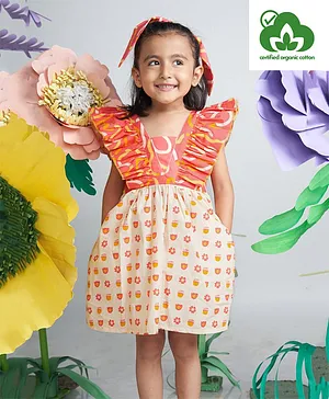 Miko Lolo Organic Cotton Frill Cap Sleeves All Over Flowers & Swirl Printed Fit & Flare Dress - Pink