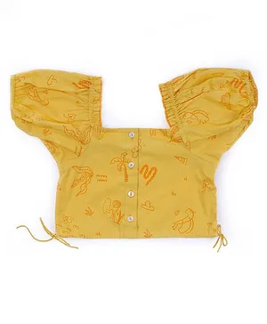 Miko Lolo Half Sleeves Trees Hats Printed Wonder Wander Crop Top - Yellow