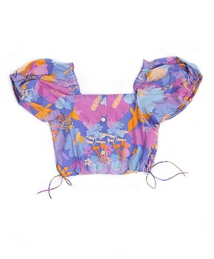 Miko Lolo Organic Cotton Half Sleeves Abstract Printed Crop Top - Purple
