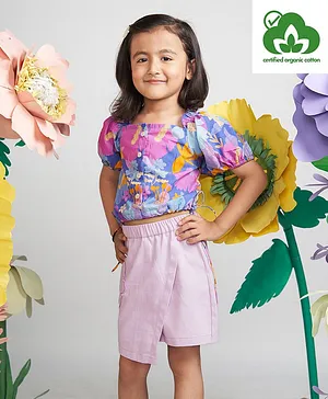 Miko Lolo Organic Cotton Half Sleeves Floral Printed Side Tie Up Balloon Top With Flower Patched Skorts - Purple