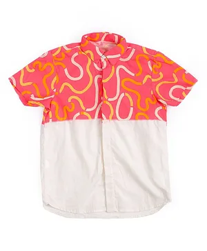 Miko Lolo Organic Cotton Half Sleeves Colour Blocked Abstract Printed Shirt - Pink