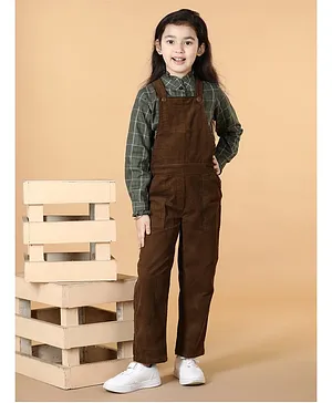 Piccolo Full Sleeves Checkered & Ruffled Neck Shirt With Solid Corduroy Dungaree - Brown