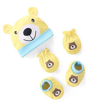 Babyhug 100% Cotton Cap Mittens & Booties Bear Print-  Yellow