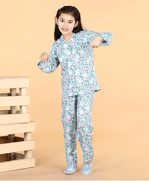 Piccolo Full Sleeves Seamless Garden Flowers Printed Coordinating Night Suit - Blue