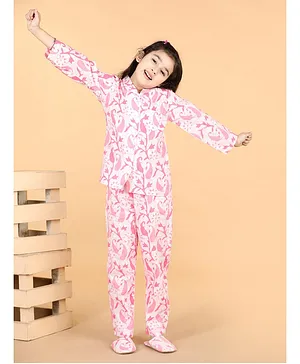 Piccolo Full Sleeves Seamless Batik Paisley & Floral Printed Coordinating Night Suit - Pink