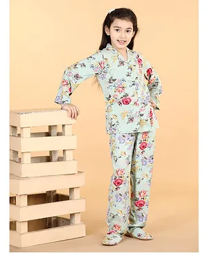 Piccolo Full Sleeves Seamless Vintage Wallpaper Style Floral Printed Coordinating Night Suit - Green