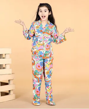 Piccolo Garden World Full Sleeves Seamless Flowers & Rainbow Printed Coordinating Night Suit - Multi Colour