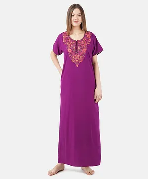 KOI SLEEPWEAR Half Sleeves Embroidered Night Gown - Purple